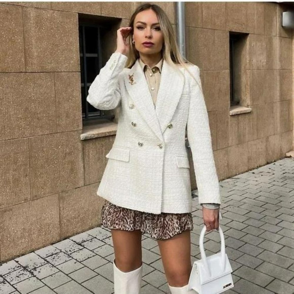 ZARA WHITE DOUBLE BREASTED TEXTURED WEAVE JACKET